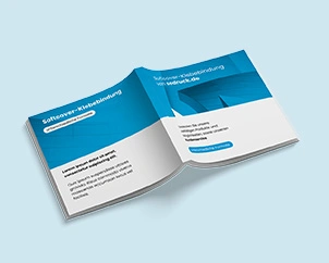 Quadratische Klebebindung mit Softcover aufgeschlagen mit Rücken nach oben zeigend